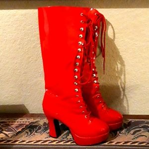 Red Hot Lace Up Knee High Boots